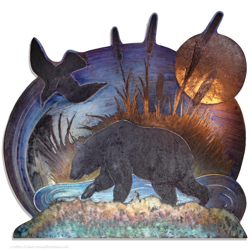 Metal wall art steel engraving of brown bear ambling beside a pond with tall cattails, the moon and a raven above.