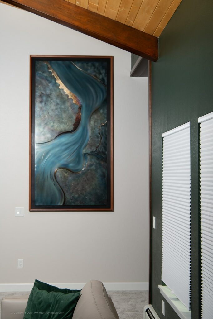 Aerial view of the Lower Kuskokwim Delta. Metal wall art for the living room of a Fairbanks, AK home.