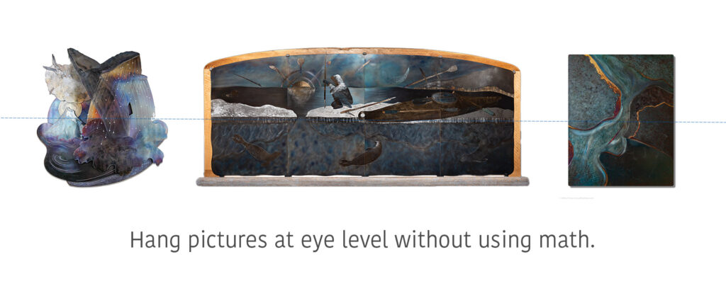 Save time hanging pictures at eye level without using math. My eye level picture hanging tool can make quick work of the process of hanging pictures at eye level.