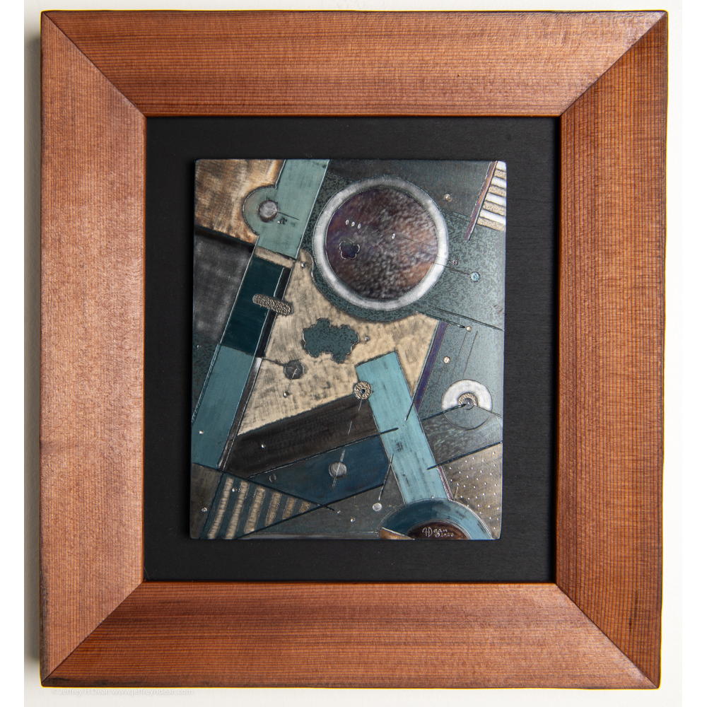 One of a series of small geometric and organic abstract heat-colored steel engravings inspired by celestial and natural themes.