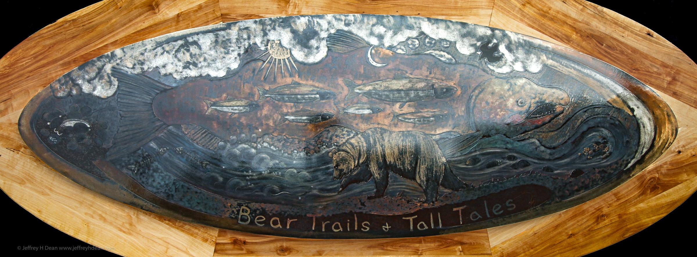 Metal wall art decorative Coffee Table made for Bear Trail Lodge in the Bristol Bay region of Alaska.