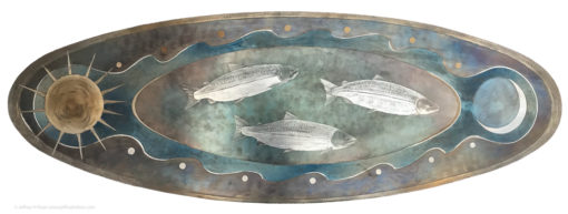 Three silver salmon swim between the tides, the sun and moon in this engraved steel metal wall art.