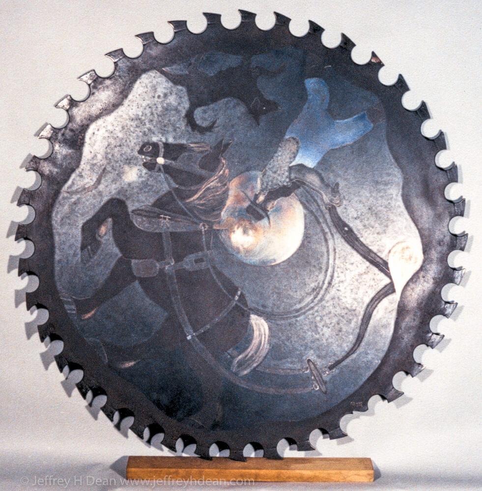 Metal wall art on a saw blade of a farmer plowing with his horse in the early morning moonlight.