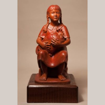 Bronze sculpture of a young girl holding her rooster.