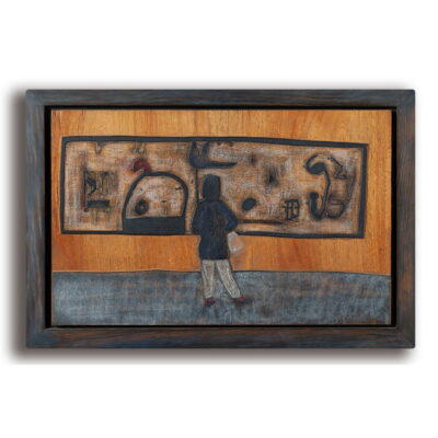 Metal photo print of wood carving. A woman studies Miro's painting in a New York City museum.