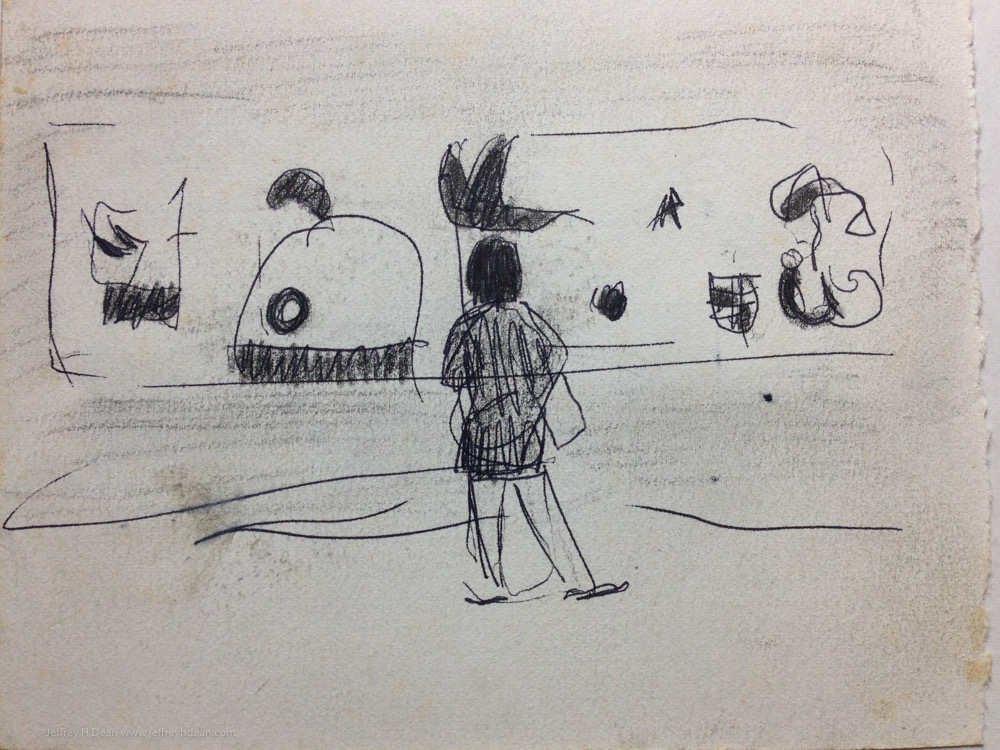 Sketch of a woman looking at a painting by Joan Miro in the Guggenheim Museum.