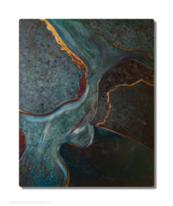 This organic abstract metal photo print was inspired by satellite imagery of the Lower Kuskokwim Delta in Alaska. The original piece of metal wall art was made in engraved and heat tinted steel.