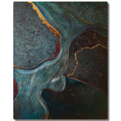 This organic abstract metal photo print was inspired by satellite imagery of the Lower Kuskokwim Delta in Alaska. The original piece of metal wall art was made in engraved and heat tinted steel.