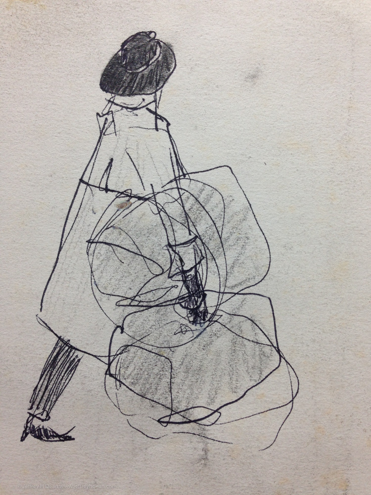 Sketch of a woman carrying bundles of shopping bags on the streets of New York.