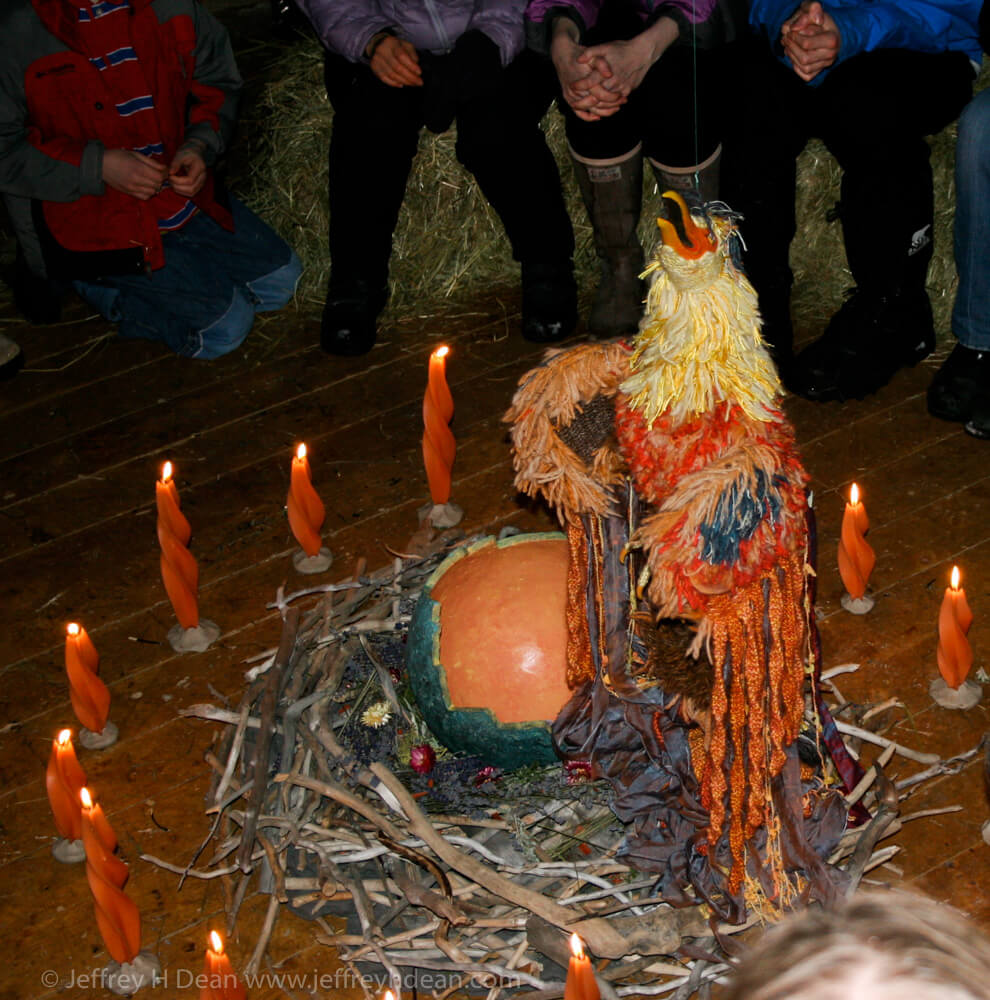 Rising phoenix puppet made from wood, steel strapping and woolen yarn with Grancrete egg.