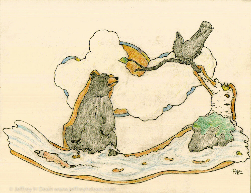 A lone salmon sneaks past a fishing bear who is distracted by a helpful raven.